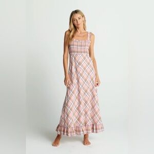 Sundays Beau Smocked Crystal Plaid Ruffle Hem Maxi Dress Cotton Linen Sz Large